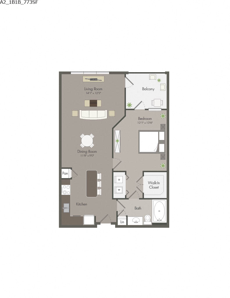 Floor plan for 1 bed, 1 bath, 773 sqft